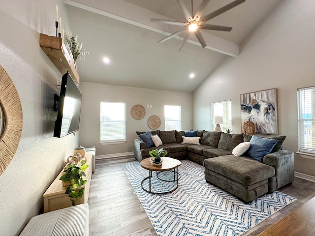 living room with beamed ceiling, hardwood / wood-style floors, and high vaulted ceiling