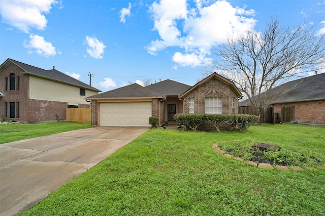 ranch-style house featuring a garage and a front lawn