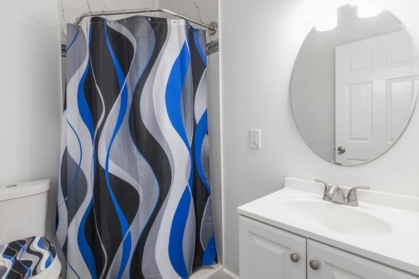 bathroom with vanity, toilet, and walk in shower