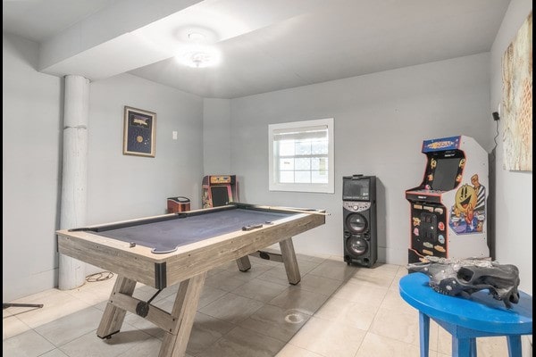 playroom featuring pool table and light tile patterned floors