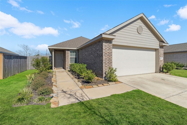 ranch-style house with a garage, driveway, fence, a front lawn, and brick siding