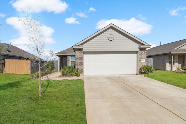 single story home featuring a front yard, concrete driveway, and brick siding