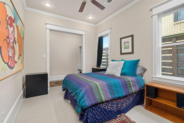 bedroom with crown molding and ceiling fan