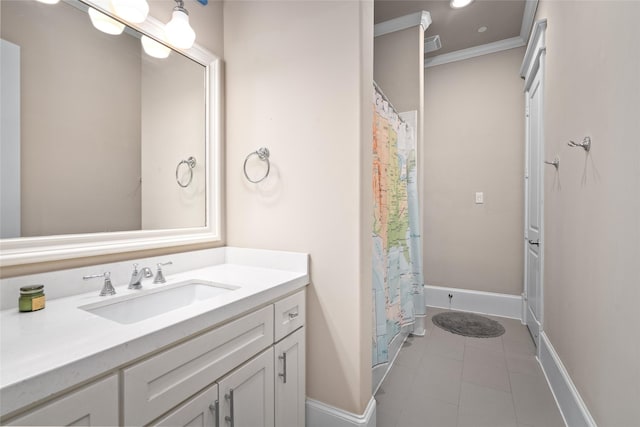 bathroom with vanity, ornamental molding, tile patterned floors, and a shower with shower curtain