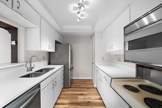 kitchen with sink, crown molding, appliances with stainless steel finishes, white cabinets, and a raised ceiling