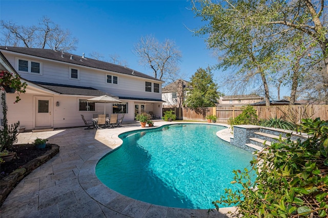 view of pool featuring a fenced in pool, a fenced backyard, and a patio