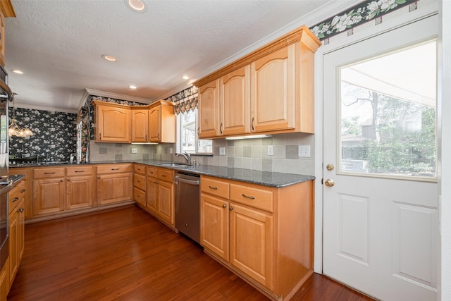 kitchen with backsplash, a textured ceiling, dark wood-style flooring, and dishwasher