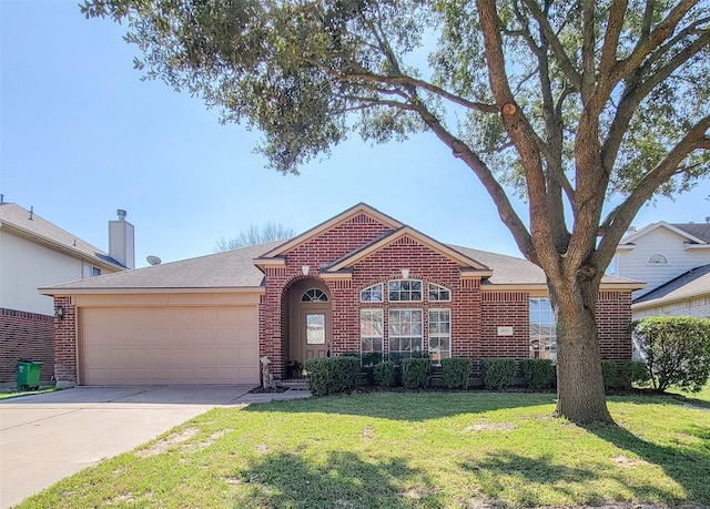 ranch-style house with a garage and a front yard