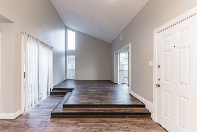 foyer featuring dark wood-type flooring and high vaulted ceiling