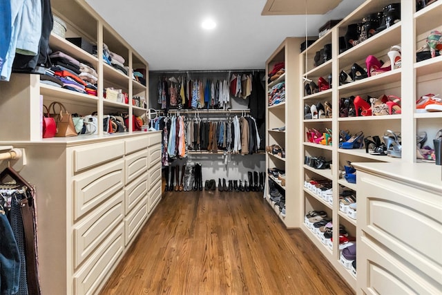 spacious closet with attic access and wood finished floors