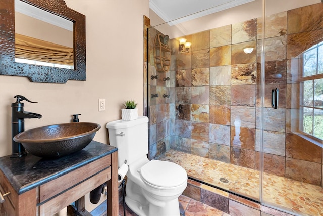 full bathroom with toilet, a shower stall, ornamental molding, and a wealth of natural light