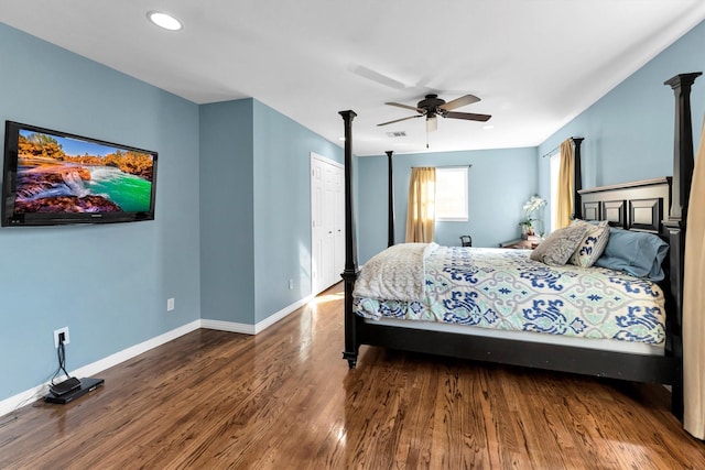 bedroom featuring recessed lighting, visible vents, ceiling fan, wood finished floors, and baseboards