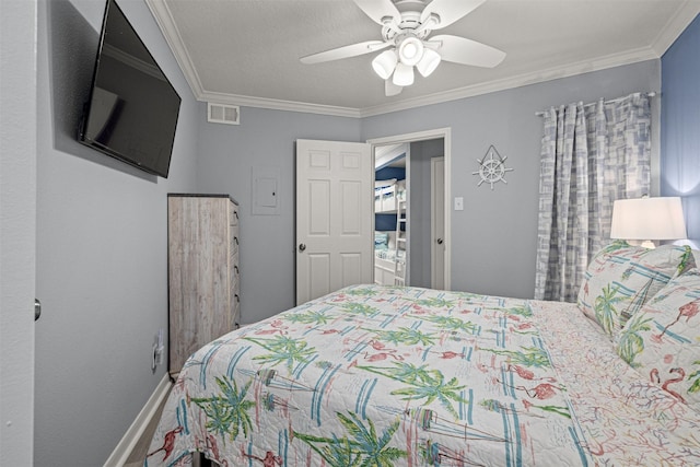 bedroom with crown molding and ceiling fan