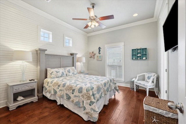 2904 Shady Ln, Crystal Beach, TX 77650 - bedroom with ornamental molding, dark wood-type flooring, and ceiling fan