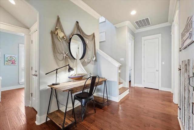 2904 Shady Ln, Crystal Beach, TX 77650 - interior space with crown molding and dark hardwood / wood-style floors