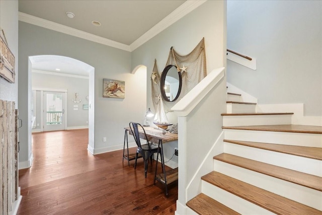 2904 Shady Ln, Crystal Beach, TX 77650 - stairs featuring hardwood / wood-style flooring and ornamental molding