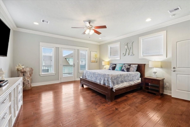 2904 Shady Ln, Crystal Beach, TX 77650 - bedroom featuring crown molding, access to outside, and dark hardwood / wood-style flooring