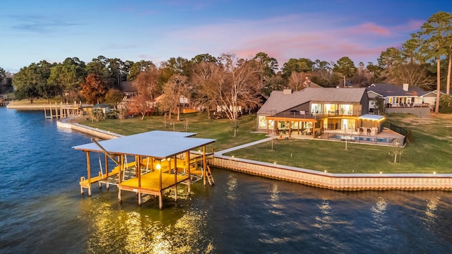 view of dock featuring a yard and a water view