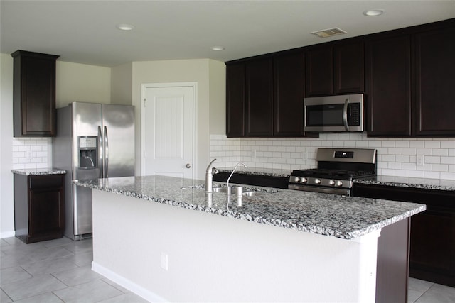 kitchen featuring sink, a kitchen island with sink, stainless steel appliances, dark brown cabinetry, and decorative backsplash