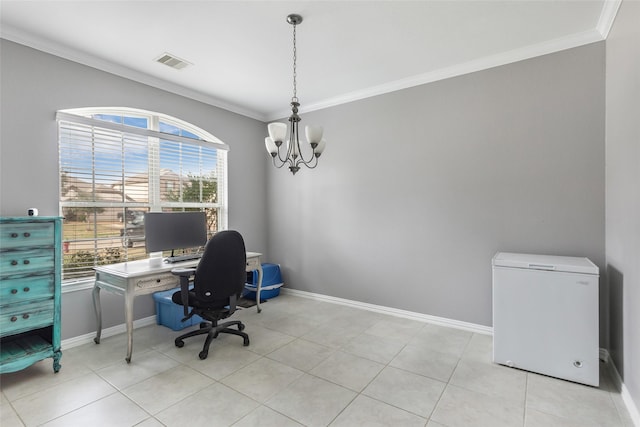 tiled office space with an inviting chandelier and ornamental molding