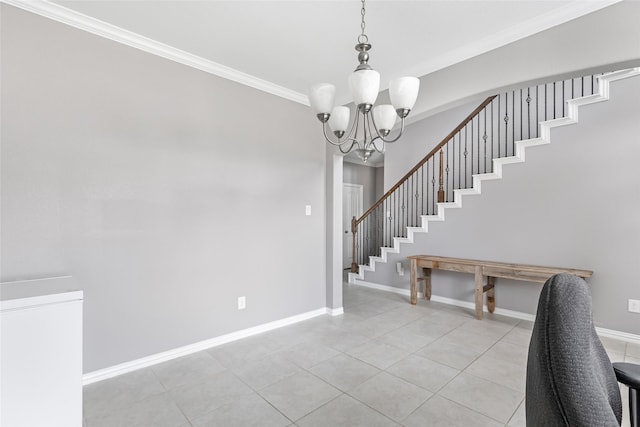 interior space featuring ornamental molding and a chandelier