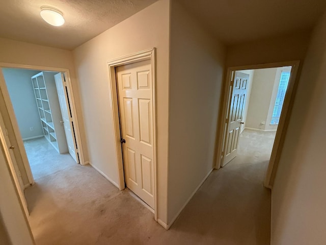 hall featuring light carpet and a textured ceiling