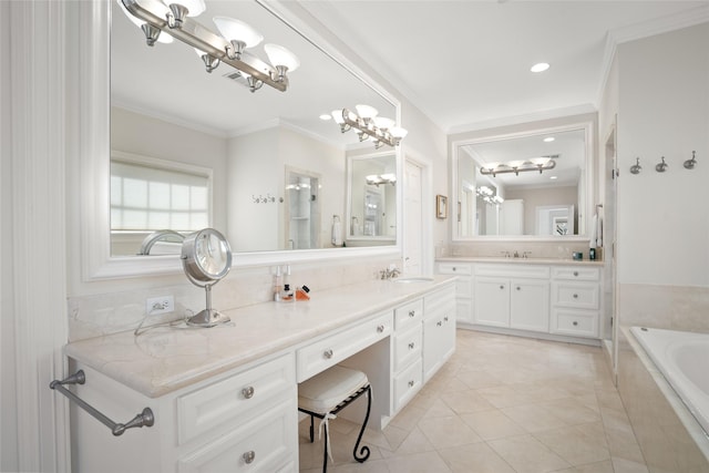 full bathroom with a tub to relax in, tile patterned floors, crown molding, vanity, and a notable chandelier