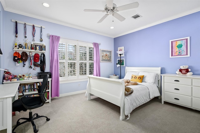 bedroom with crown molding, recessed lighting, visible vents, and light colored carpet