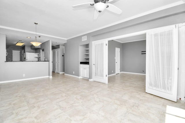 unfurnished living room with ceiling fan, crown molding, and built in shelves