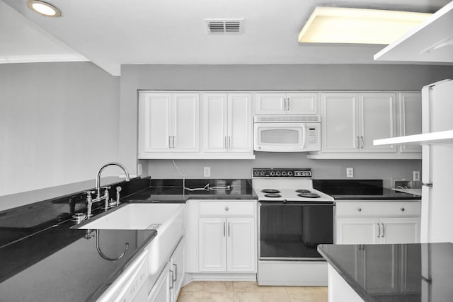 kitchen featuring white cabinetry, sink, white appliances, and ornamental molding