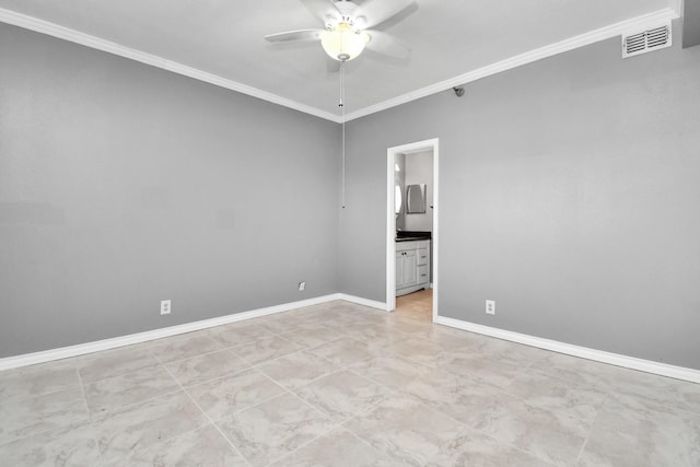 empty room with crown molding and ceiling fan