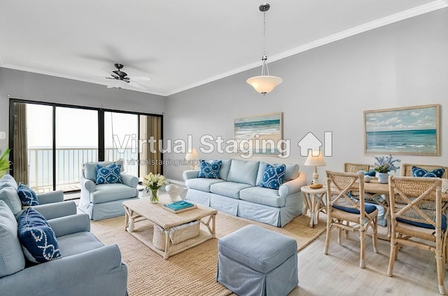 living area with ceiling fan, light wood finished floors, and crown molding