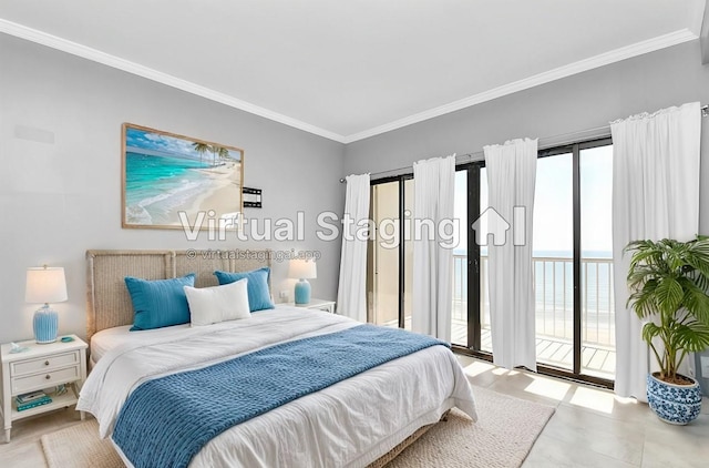 bedroom featuring ornamental molding and access to exterior