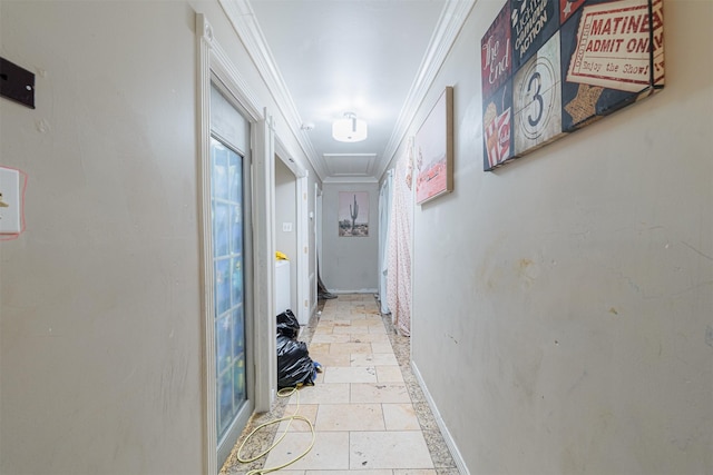 hallway featuring ornamental molding