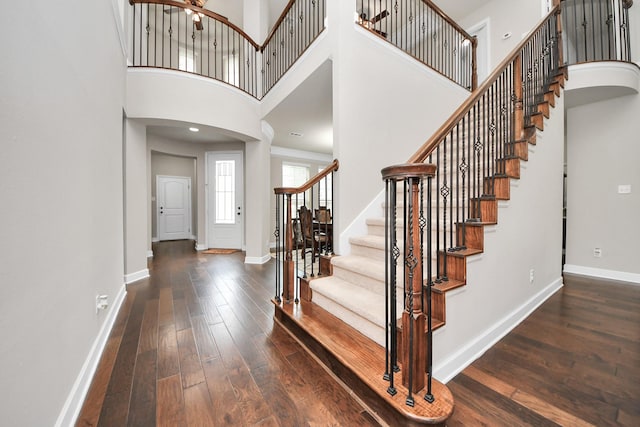 entrance foyer featuring dark wood-type flooring and a high ceiling