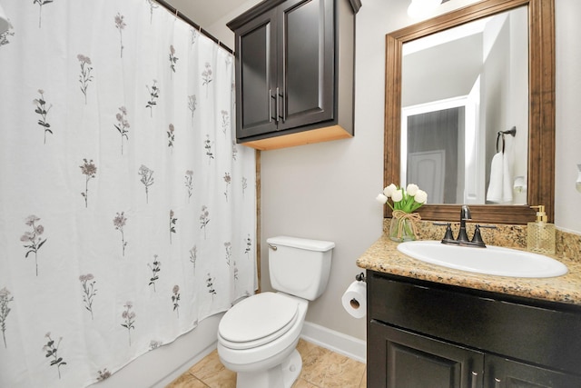 full bathroom featuring vanity, tile patterned floors, toilet, and shower / bathtub combination with curtain