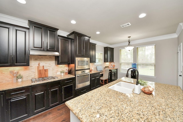 kitchen with pendant lighting, sink, crown molding, appliances with stainless steel finishes, and decorative backsplash