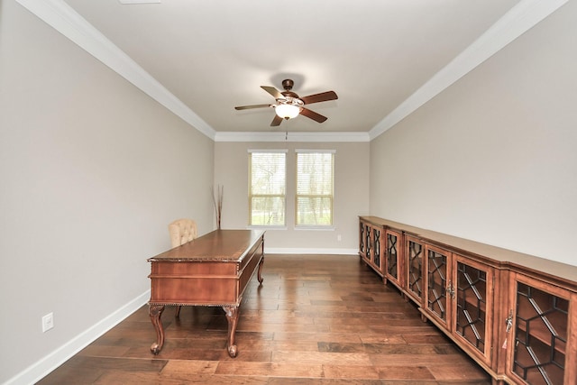 office space with crown molding, dark wood-type flooring, and ceiling fan