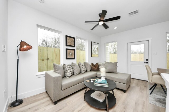 9026 Scott St, Houston, TX 77051 - living room with visible vents, baseboards, light wood-type flooring, and a ceiling fan