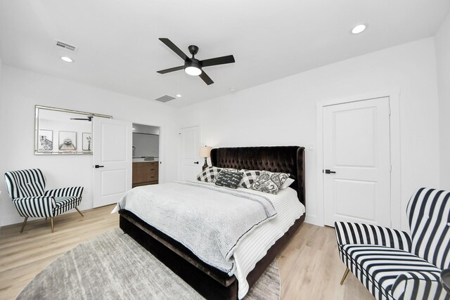 9026 Scott St, Houston, TX 77051 - bedroom featuring recessed lighting, visible vents, ceiling fan, and light wood-style flooring