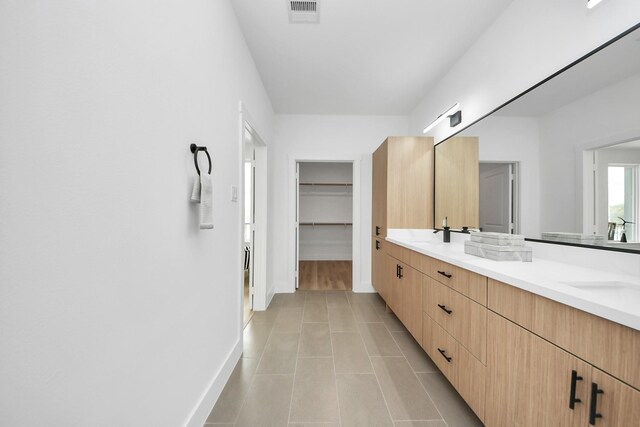 9026 Scott St, Houston, TX 77051 - full bathroom featuring a sink, visible vents, baseboards, and double vanity