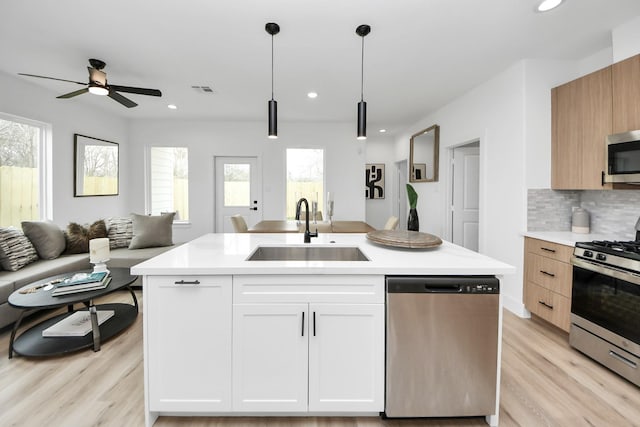 9026 Scott St, Houston, TX 77051 - kitchen with light wood-type flooring, open floor plan, light countertops, appliances with stainless steel finishes, and a sink