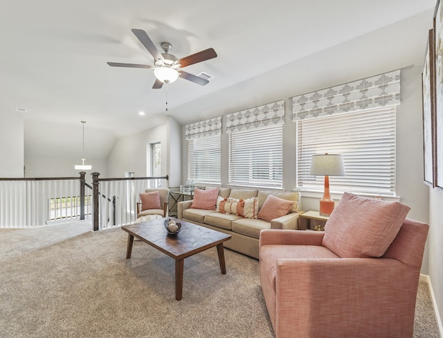 living room with recessed lighting, light colored carpet, a ceiling fan, visible vents, and vaulted ceiling