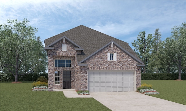 view of front of property featuring driveway, roof with shingles, an attached garage, a front yard, and brick siding