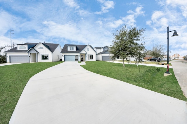 modern inspired farmhouse featuring board and batten siding and a front yard