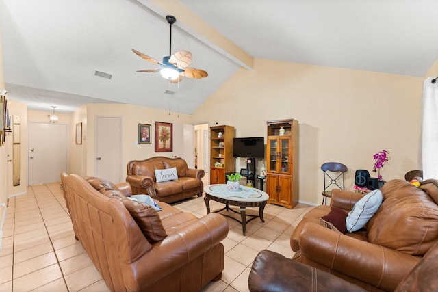 living room featuring vaulted ceiling with beams, ceiling fan, and light tile patterned flooring