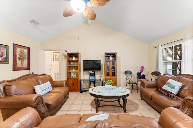 living room featuring vaulted ceiling with beams, light tile patterned floors, and ceiling fan