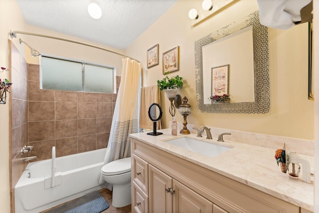 full bathroom featuring vanity, toilet, a textured ceiling, and shower / bath combo