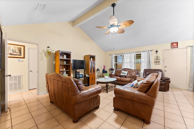 tiled living room featuring ceiling fan, high vaulted ceiling, and beamed ceiling