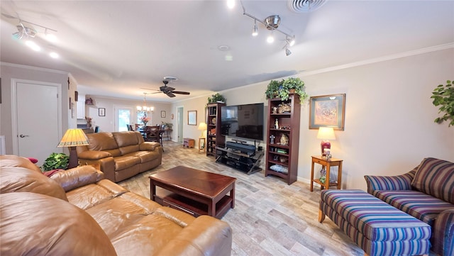 living room with crown molding, track lighting, ceiling fan, and light hardwood / wood-style floors